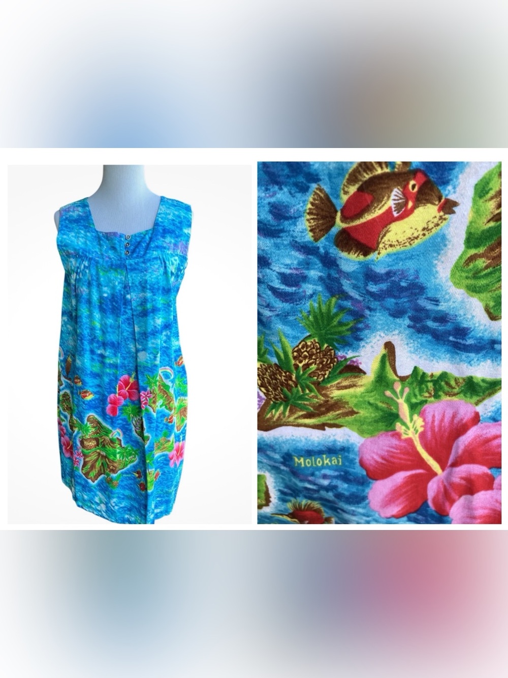 Vtg 70s Ui-Maikai Hawaiian Dress  Sz L  Sleeveless Muumuu Hawaii Map Island